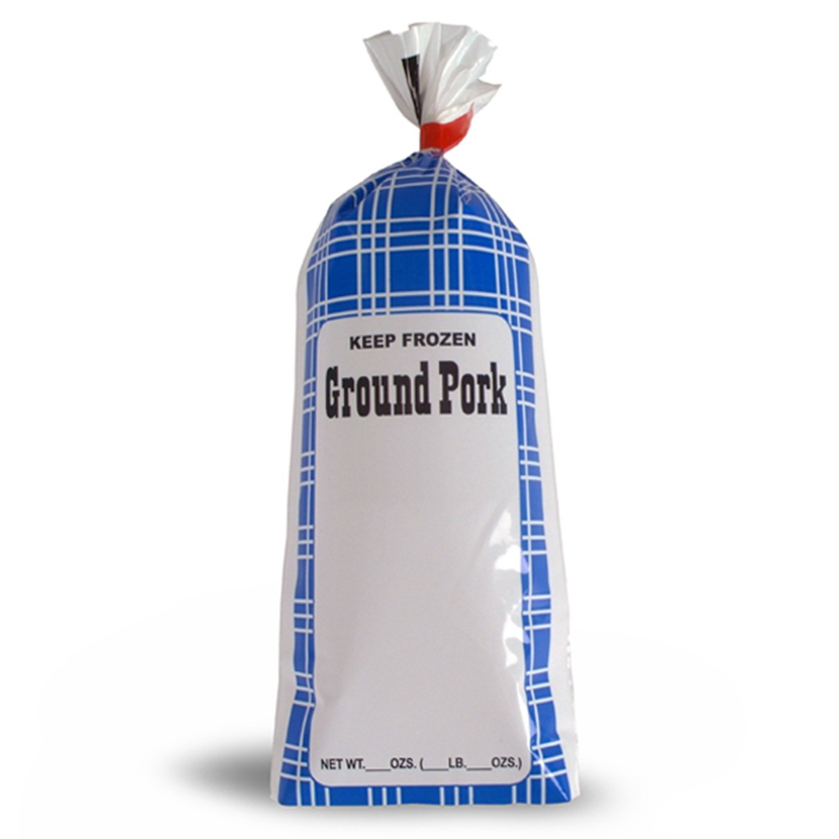 One or two pound Ground Pork or Pork Sausage meat chub bags in blue  checked, plaid pattern